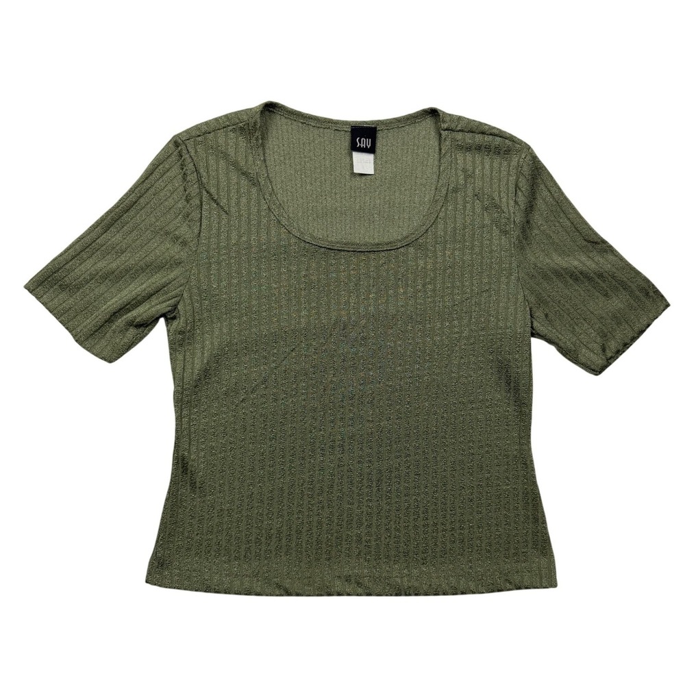 SAY Vintage Y2K Olive Green Ribbed Knit Scoop Neck Top Short Sleeve Med